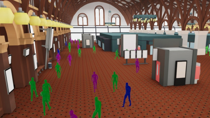 Screenshot of the 3D-model’s different agent types that are moving through the Central Station Hall